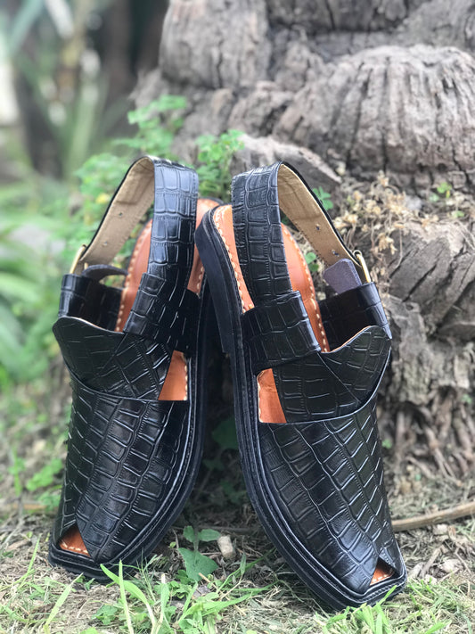 Black Crocodile Peshawari Chappals