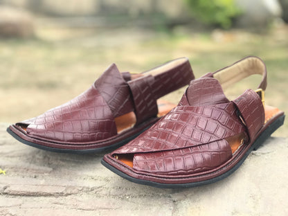 Brown Reddish Crocodile Peshawari Chappals