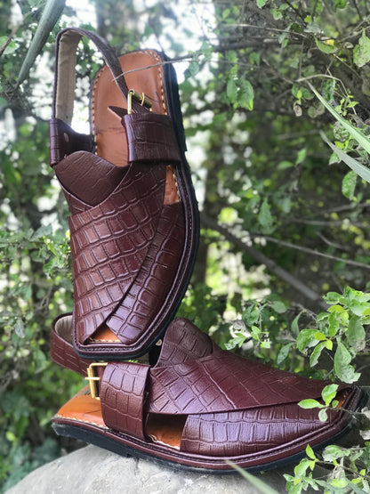 Brown Reddish Crocodile Peshawari Chappals